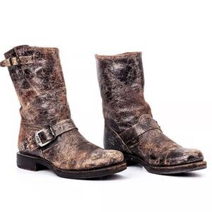 Frye Veronica Distressed Short Leather combat moto Boots in Brown 8.5